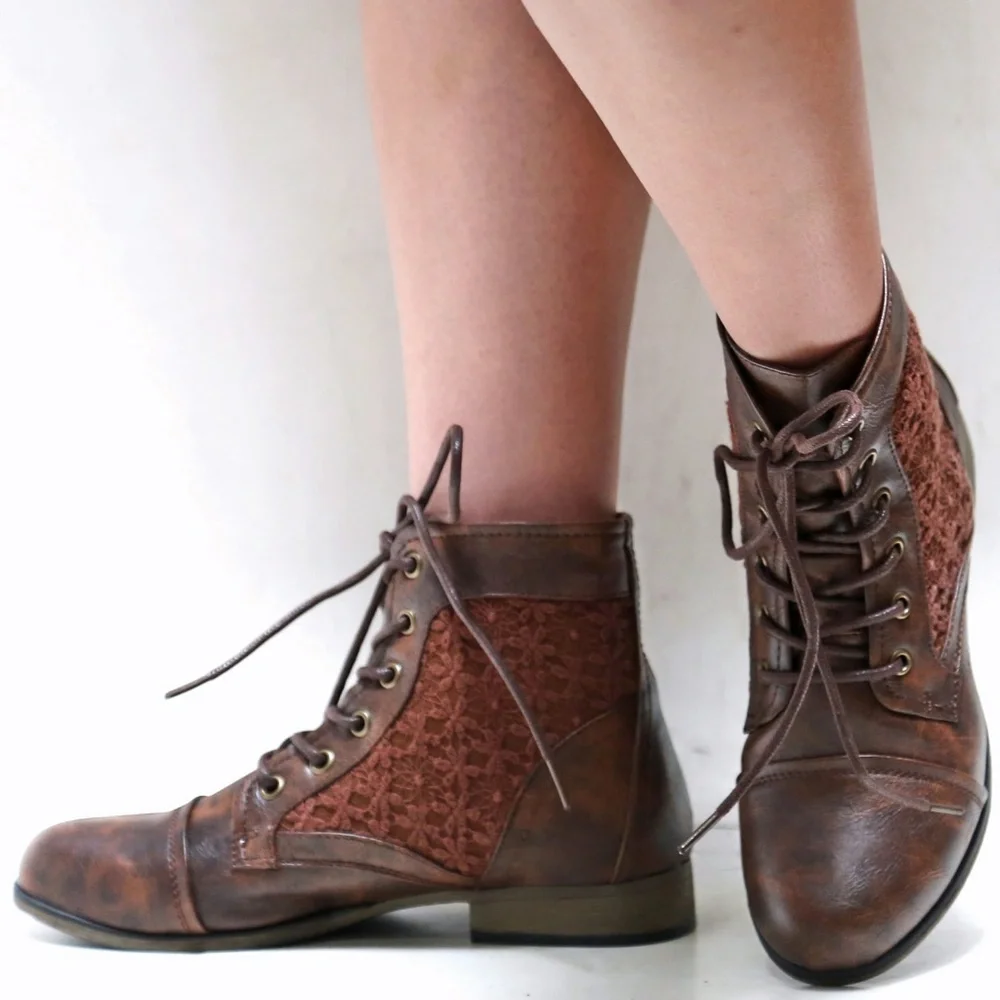New Brown Lace Up Lace Panel Ankle Boots Booties